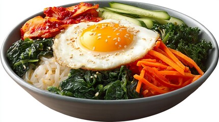 Korean Style Rice Bowl with Bulgogi Vegetables Raw Egg and Sesame Topping
