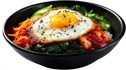 Traditional Bibimbap Korean Rice Bowl with Carrots Kimchi and Sunny Egg