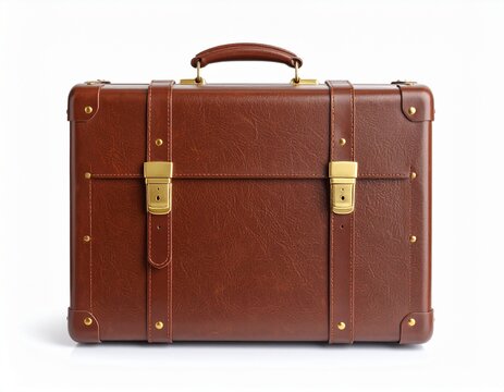 Maleta antigua de cuero marr&oacute;n con cierres met&aacute;licos dorados, colocada de frente sobre fondo blanco.