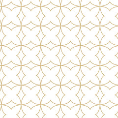 Abstract geometric pattern with squares, crosses, stripes, lines. Seamless vector background. White and gold ornament. Modern reticulated graphic design.