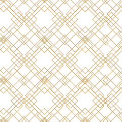 Abstract geometric pattern with squares, crosses, stripes, lines. Seamless vector background. White and gold ornament. Modern reticulated graphic design.