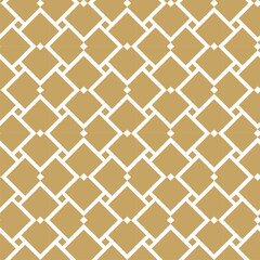 Abstract geometric pattern with squares, crosses, stripes, lines. Seamless vector background. White and gold ornament. Modern reticulated graphic design.