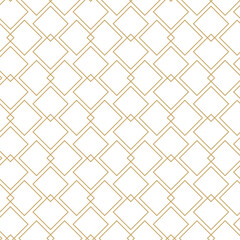 Abstract geometric pattern with squares, crosses, stripes, lines. Seamless vector background. White and gold ornament. Modern reticulated graphic design.