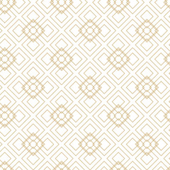 Abstract geometric pattern with squares, crosses, stripes, lines. Seamless vector background. White and gold ornament. Modern reticulated graphic design.