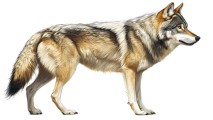 A lone wolf stands in profile, isolated on transparent background