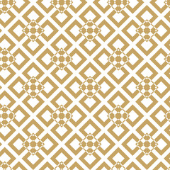 Abstract geometric pattern with squares, crosses, stripes, lines. Seamless vector background. White and gold ornament. Modern reticulated graphic design.