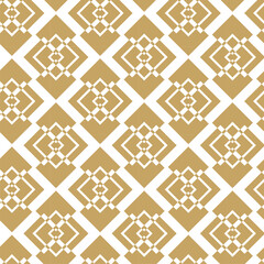 Abstract geometric pattern with squares, crosses, stripes, lines. Seamless vector background. White and gold ornament. Modern reticulated graphic design.