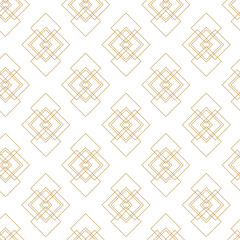 Abstract geometric pattern with squares, crosses, stripes, lines. Seamless vector background. White and gold ornament. Modern reticulated graphic design.