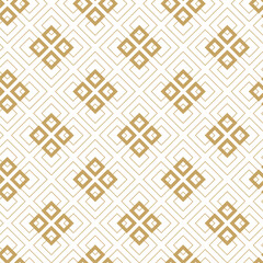 Abstract geometric pattern with squares, crosses, stripes, lines. Seamless vector background. White and gold ornament. Modern reticulated graphic design.