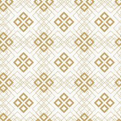 Abstract geometric pattern with squares, crosses, stripes, lines. Seamless vector background. White and gold ornament. Modern reticulated graphic design.