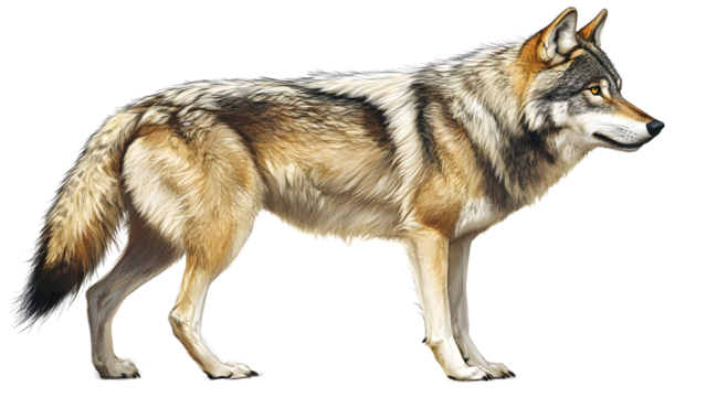 A lone wolf stands in profile, isolated on transparent background