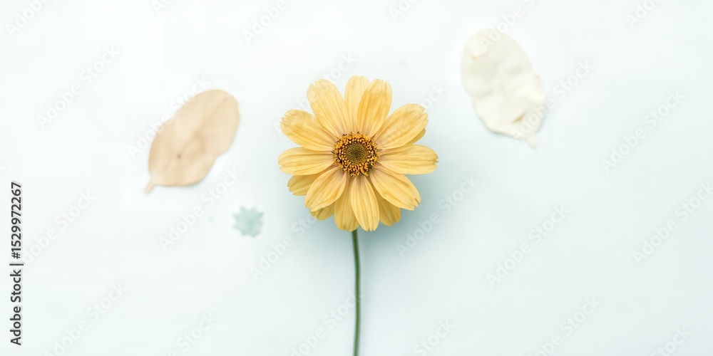 Poster a single yellow flower with a long stem and two petals on a white background creating a simple scene