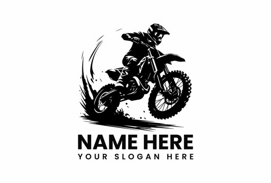 Stylized black vector logo featuring motocross bike mid-air with explosive dirt spray on rugged terrain