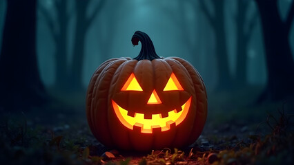 Naklejka premium Glowing Jack O Lantern in Dark Foggy Forest for Halloween