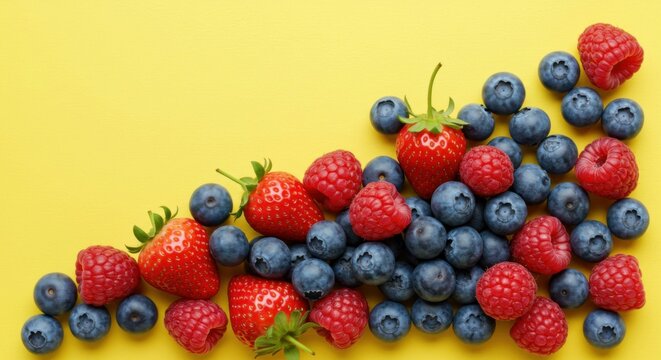 An artistic arrangement of strawberries, raspberries, and blueberries on vivid colors. Copy space
