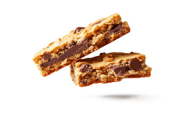 Crispy chocolate chip cookie broken half floating on white background delicious dessert idea for baking visuals and snack branding