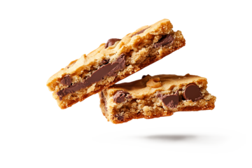 Crispy chocolate chip cookie broken half floating on white background delicious dessert idea for baking visuals and snack branding