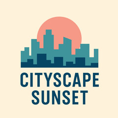 Minimal flat cityscape sunset vector illustration – modern urban skyline t-shirt and poster print