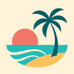 Minimal flat beach sunset vector with palm tree and waves – modern summer graphic tee print
