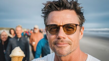 Man Wearing Sunglasses Holding Ice Cream Cone Outdoor Summer Festival Crowd