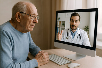 Senior Man in Online Medical Consultation with Male Doctor via Video Call, telemedicine concept