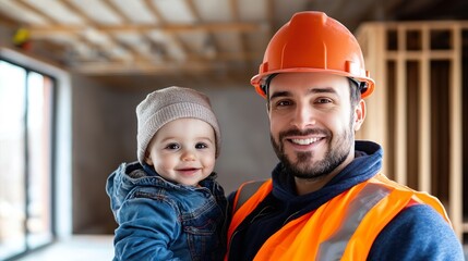 Bearded Builder Holding Child Smiling Indoors Construction Background Safety Helmets