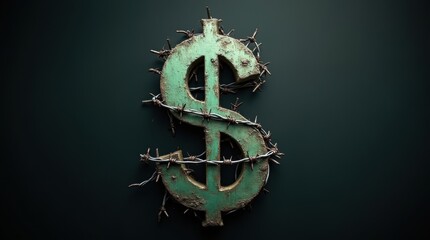 A distressed dollar sign wrapped in barbed wire, symbolizing economic struggle in a dark setting