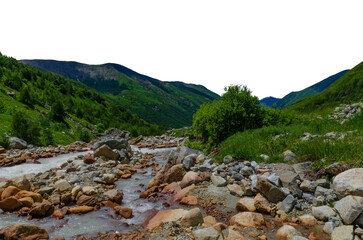 Mountain stream with rocks in green valley landscape summer alpine scenery wilderness nature river flow transparent background