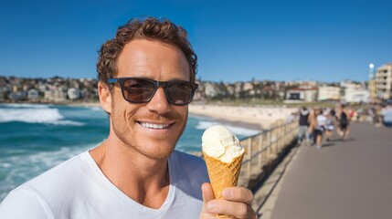Man Enjoying Ice Cream Cone On Sunny Beach Wearing Sunglasses Summer Vacation Day