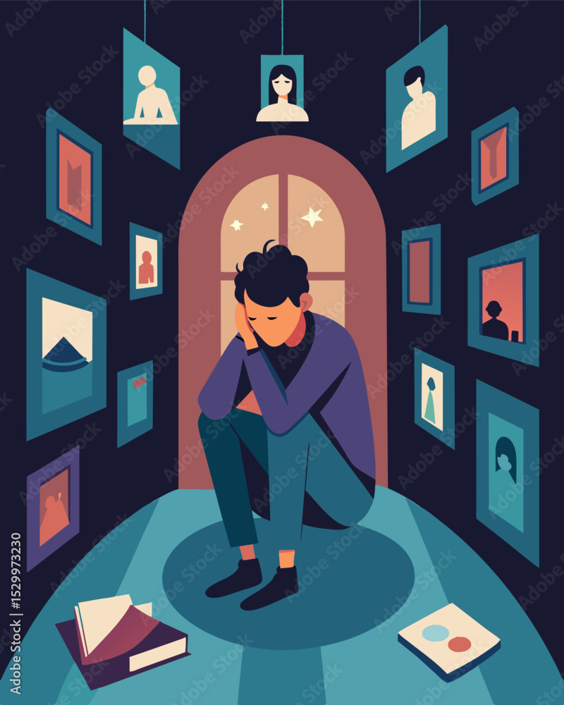 Poster inside a luxurious mansion a person sits alone in a room surrounded by walls plastered with photos o
