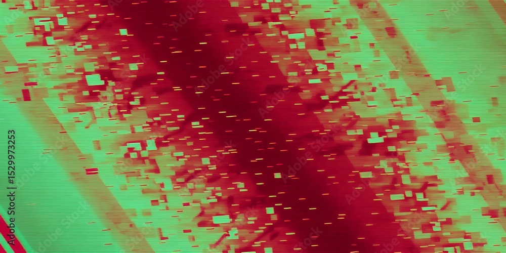 Poster abstract background featuring a blend of red and green hues with pixelated patterns and textures