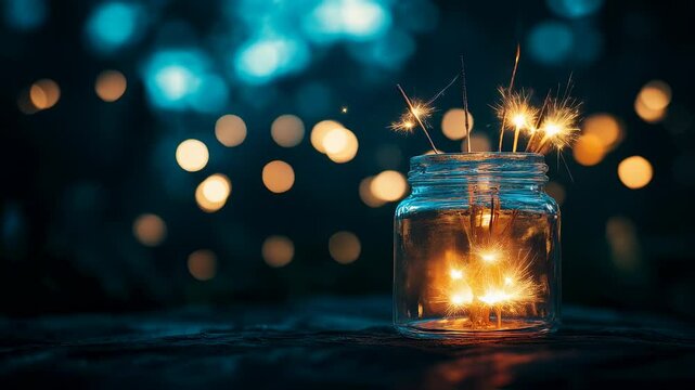 Sparkling fireflies captured in a jar create a magical ambiance at night