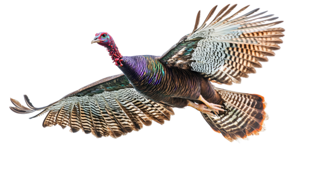 A wild turkey in flight, isolated on transparent background