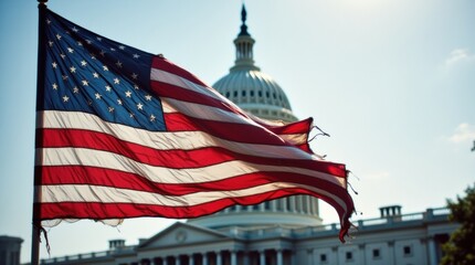 Naklejka premium Tattered and dirty american flag waving in the wind in front of the United States Capitol