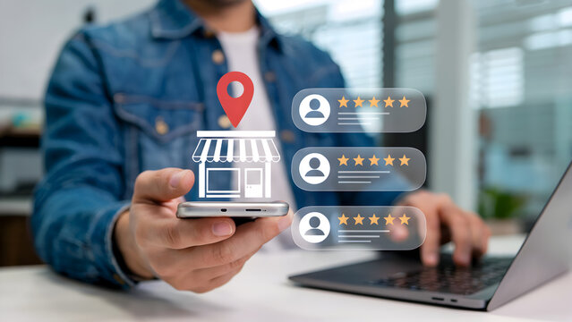 Man using smartphone to check online business reviews and location on map app for local shop customer ratings feedback