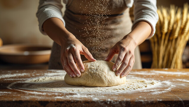 hands raw dough on kitchen table - Powered by Adobe
