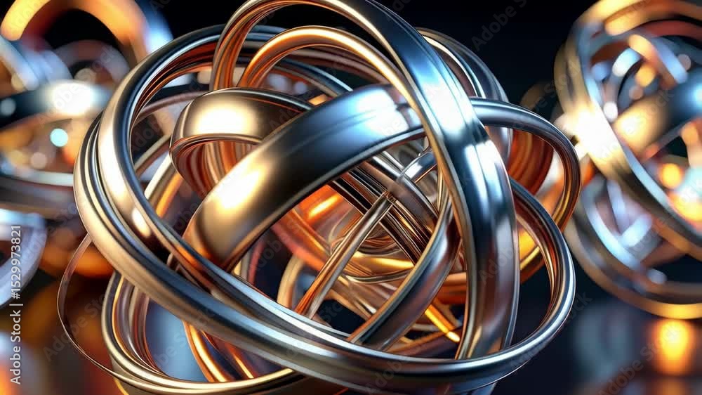 Poster abstract metallic rings intertwining, creating a complex and visually captivating three dimensional 