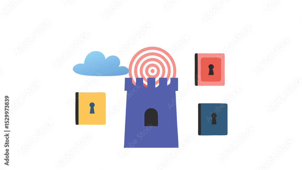 Poster illustration of a blue castle with a target above and square blocks with keyholes around it