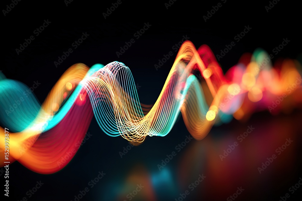 Poster stylized audio waveforms create dynamic patterns in vibrant colors and movements