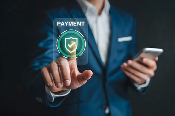 Secure Online Payment System A businessman uses a secure payment system on his phone for a safe transaction ensuring online financial security and data protection.