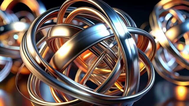 Abstract metallic rings intertwining, creating a complex and visually captivating three dimensional design, reflecting light.