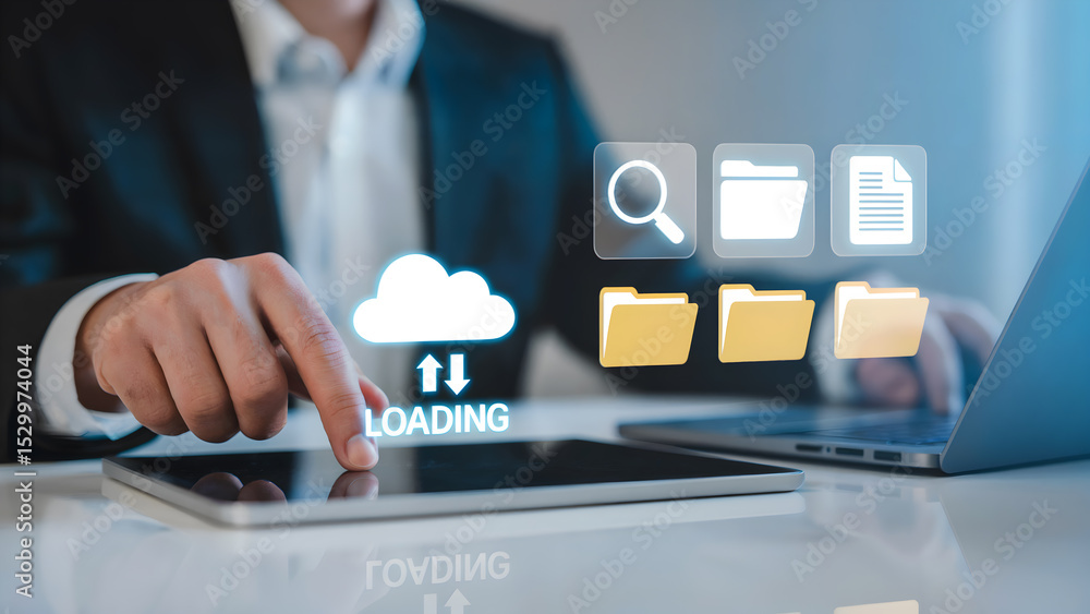 Aufkleber a businessman uses a tablet to access cloud storage data files folders documents online digital tech