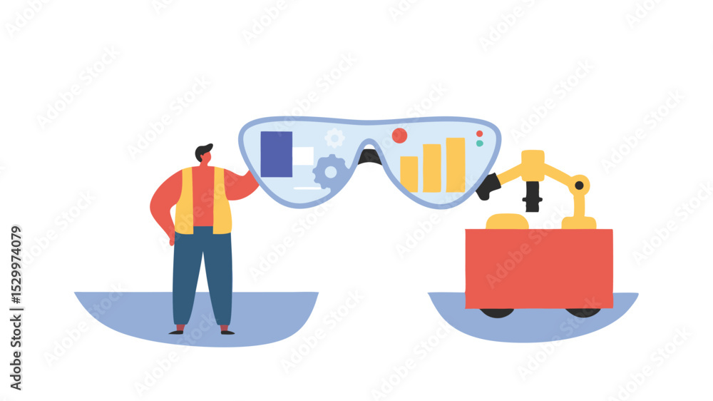 Aufkleber person standing next to ar glasses with charts and a robot arm working on a red platform object