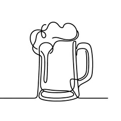 Continuous line vector of beer stein mug overflowing with foam, Oktoberfest celebration mood. Pubs and bars menu, drink festivals, brewery