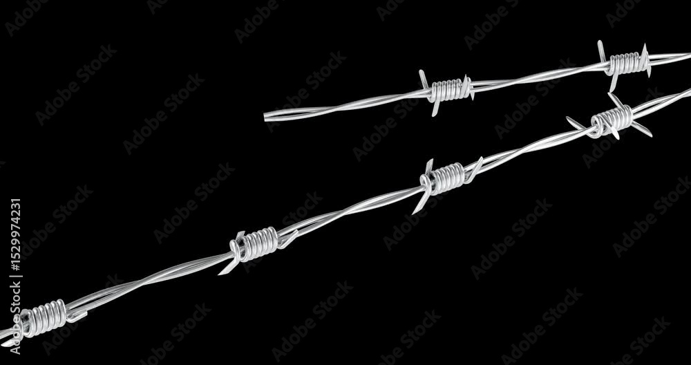 Poster barbed wire strands flying in from the sides and crossing the screen, creating a barrier effect, ani