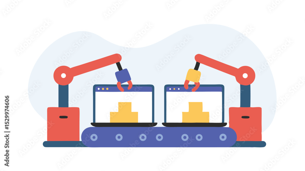 Poster robotic arms assembling product on conveyor belt with laptops in a automated manufacturing process