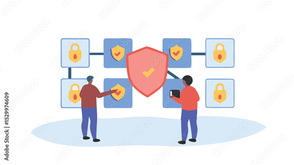 Poster two people interacting with a blockchain network secured by shields and padlocks in a diagram