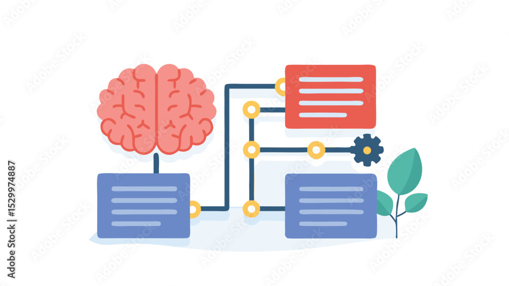 Poster illustration of a brain connected to data blocks with a gear and leaves on a white background