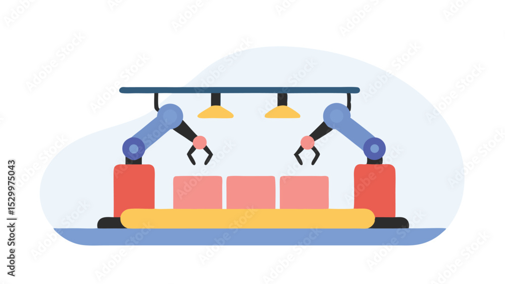 Poster illustration of an automated assembly line with robotic arms and conveyor belt system design