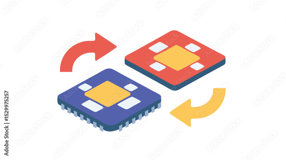 Poster isometric illustration of data transfer between two microchips with arrows indicating flow